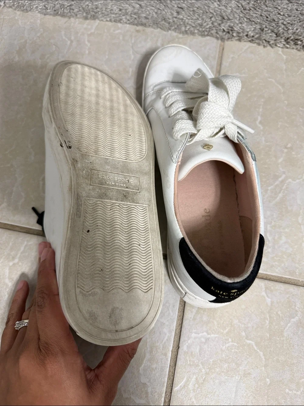 kate spade White Leather Sneakers with Black Spade Detail